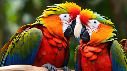 Naklejka premium 2 Beautiful Bright parrots Loving photos.