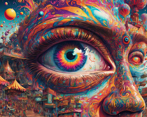 Psychedelic Surrealism - Close-up illustration of an eye, a monk, and surreal carnival attractions Gen AI