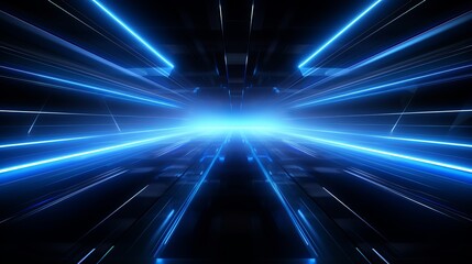 A background that is dark and futuristic, with blue neon light rays reflecting.