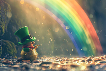 A rainbow with a leprechaun on saint patrick's day, an illustration - obrazy, fototapety, plakaty