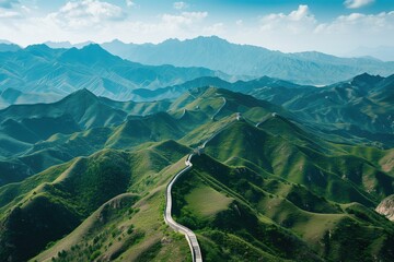 Winding Great Wall over mountains and valleys.