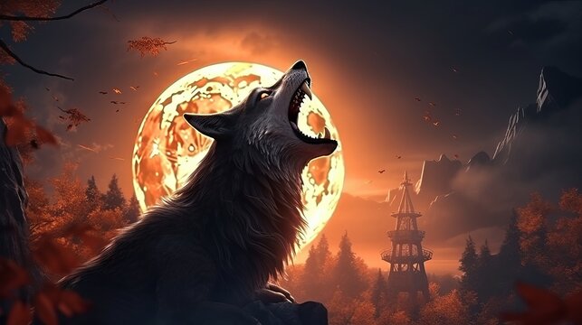 A halloween background in 3d that features a wolf howling against the moon.