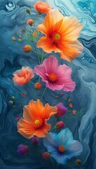 Fototapeta na wymiar Vivid Cosmos of Flowers in Swirling Water
