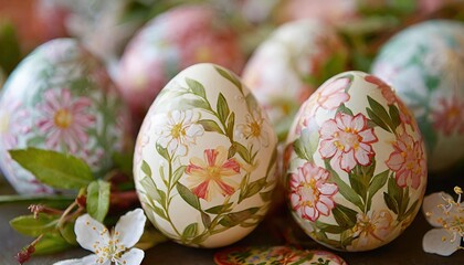Fototapeta premium Close-Up of Easter Eggs with Stunningly Detailed Floral Patterns