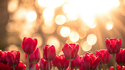 Beautiful red tulips on a blurred background with golden bokeh. - obrazy, fototapety, plakaty