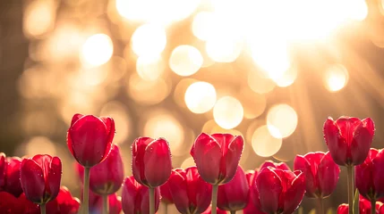 Schilderijen op glas Beautiful red tulips on a blurred background with golden bokeh. © Tanya