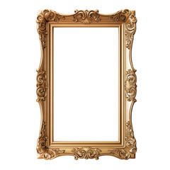 Gold color vertical frame isolated on transparent background. Mockup for a painting. Classic carved golden frame on a white background. Design element for insert project.