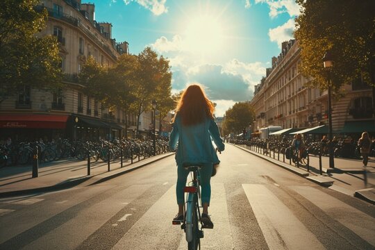 Une femme en train de faire du v?(C)lo sur une piste cyclable dans Paris en plein moi d'?(C)t?(C).