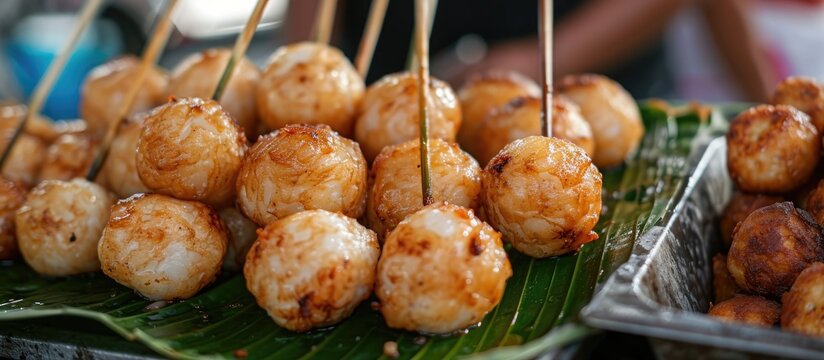 Photograph of popular Filipino street food and snack, fishballs, taken up close.