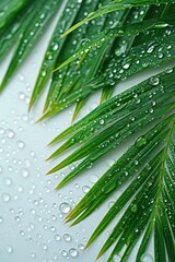 water droplets on a palm green leaf 