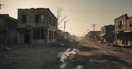 Fototapeta premium A haunting image of a post-apocalyptic wasteland, where ruined buildings stand as remnants of a civilization devastated by war and nuclear catastrophe