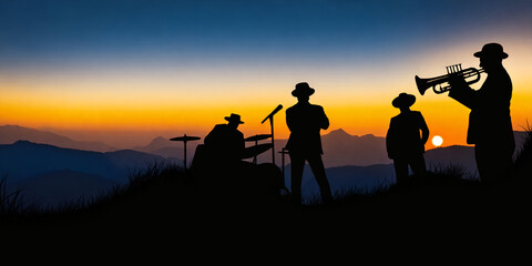 Fototapeta na wymiar Silhouette of a group of three folksong musicians playing music in the grassland with the morning sun on top of a mountain. illustration, music festival, performance, music, celebration, event, fun