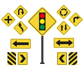 traffic light and road signs for kids safety. Caution and warning signals, cartoon signs, vector illustration