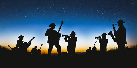 Silhouette of a group of musicians playing music in the middle of a meadow with evening sunlight with mountains and stars in the background at music festival. illustration, performance, entertainment