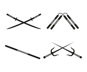 Ninja weapons, equipment fight, nunchaku, sword, stick, katana, icon set vector illustration © George