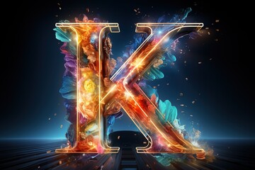 Letter K - colorful glowing alphabet symbol on blue lens flare dark background