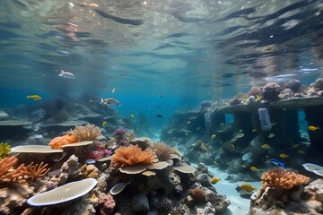 A stunning underwater world, filled with vibrant coral and schools of fish, marred by the presence of plastic waste floating in the water
