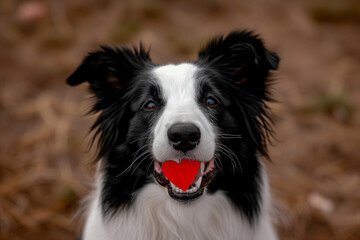 A loving border collie with a vivid red heart in its mouth, perfectly encapsulating the affectionate spirit of Valentine's Day