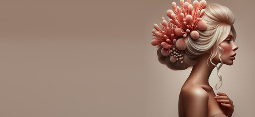 Portrait of a model with coral in her hair.