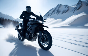 High-speed motorcycle gliding through a snowy landscape. White racing sport bike speeding across a wintry terrain	