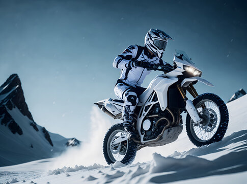 High-speed motorcycle gliding through a snowy landscape. White racing sport bike speeding across a wintry terrain	