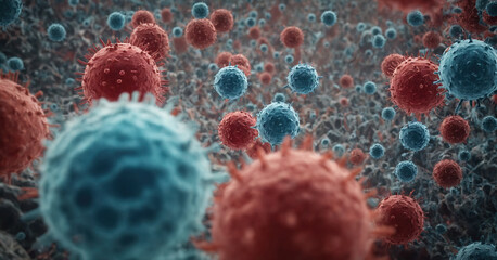 A 3D illustration showcasing microscopic bacteria and viruses against a medical background.