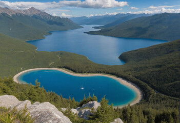Fototapeta na wymiar Mountainous Blue Lake with Magnifying Glass