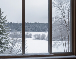 A scenic view of snowy landscape from a window.