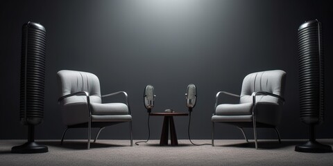 minimalistic design two chairs and microphones in podcast or interview room isolated on dark background as a wide banner for media conversations or podcast streamers concepts