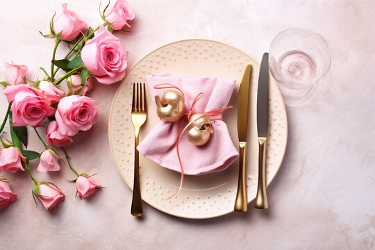 Table decor concept for Mother's Day. Flat lay photo of circle plate cutlery knife fork fabric napkin flowers pink peony rose buds and small hearts baubles on white background