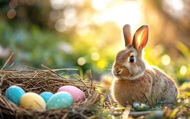 Fototapeta na wymiar happy Easter bunny in a basket with eggs next to him