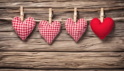 Fototapeta premium Hanging hearts on rustic wood background
