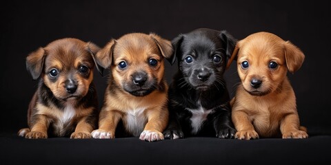 Group portrait of adorable puppies on black background - obrazy, fototapety, plakaty