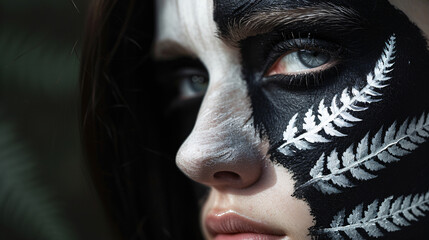 Portrait of a beautiful New Zealand fan, with her face painted in the colors of All Blacks flag and the silver fern symbol. National pride, rugby fans and enthusiasm concept.