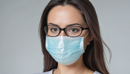 Woman wearing face mask and glasses, close-up shot with selective focus.