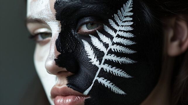 Portrait of a beautiful New Zealand fan, with her face painted in the colors of All Blacks flag and the silver fern symbol. National pride, rugby fans and enthusiasm concept.