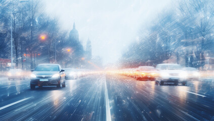 A snowy street with parked cars, snow blowing outside, Snow storm in the city. a winter snow covered road in a city, concept of traffic safety on a slippery road