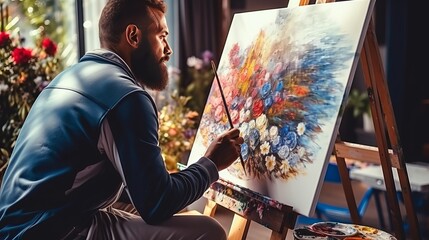 A man is painting on canvas in a full-shot portrait.