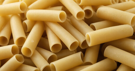 A closeup view of isolated penne rigate pasta on a white background. The dry, yellow tubes, made from durum wheat, showcase the traditional and wholesome essence of Italian cuisine.