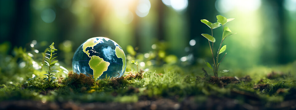 Earth Day banner: Ecological sustainability in a nature scene, blurred background. Copy space.