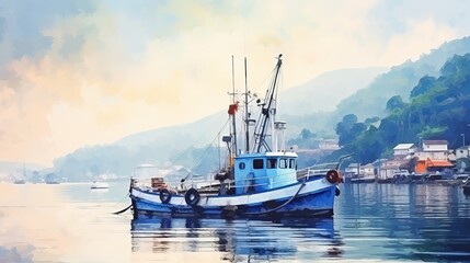 Fototapeta premium A watercolor painting style was used to capture the morning scene of a fishing boat in the harbor
