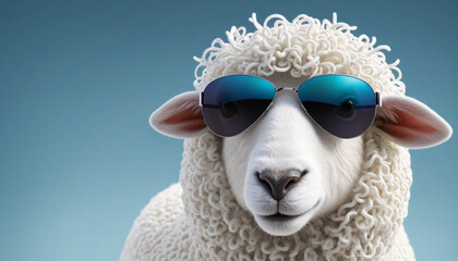 Fototapeta premium Winter sheep with stylish sunglasses humorously created by artificial intelligence