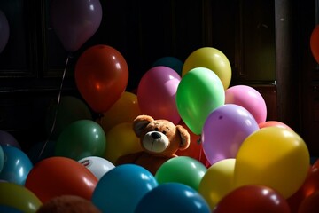 Fototapeta na wymiar Many vibrant balloons and a cuddly toy. Generative AI