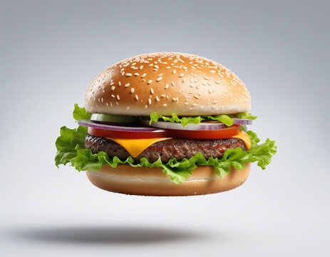 3D Burger Floating in White Space Created by AI