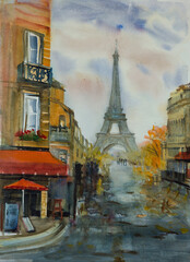 Paris France watercolor art painting with Eifel Tower and Parisian cafe
