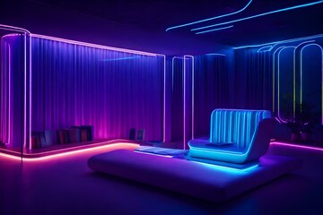 an image of a futuristic reading space with sleek, minimalist furniture and holographic book displays