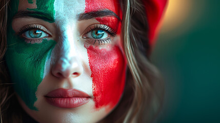 Portrait of a beautiful Italian fan, with her face painted in the colors of the Italian flag. National pride, sports fans and enthusiasm concept. World Cups, Olympics and soccer fan.