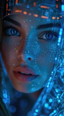 beautiful woman with elements such as motherboard, cyborg, blue circuit
