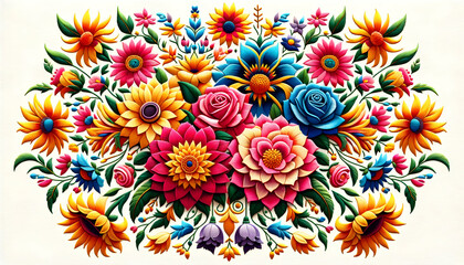 Mexican traditional flowers embroidery pattern on a white background	 - obrazy, fototapety, plakaty