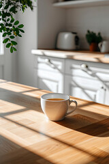 Fototapeta na wymiar A morning coffee cup on a wooden table in a white, modern, minimalist kitchen, with deep shadows from the sunny window